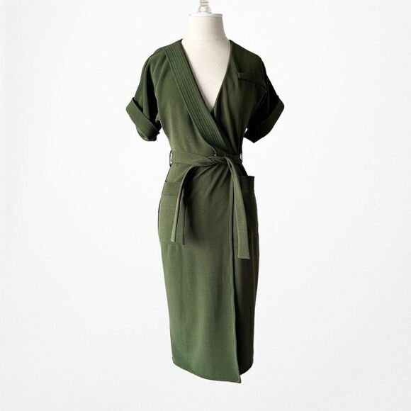 Green Short Sleeve VNeck Belted Waist Knee Length Side Slit Dress Size 0/XS - Picture 4 of 7